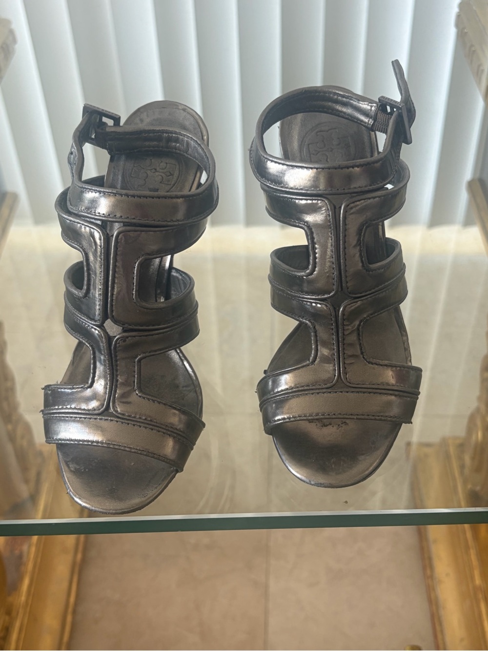Tory Burch size 5M Metallic Gray Strappy Womens Heels